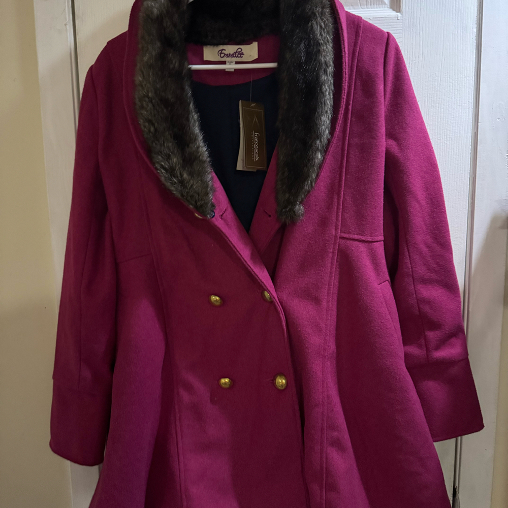 Emmelee Women’s Fuchsia Faux Fur Collar Peacoat Jacket Size M NWT